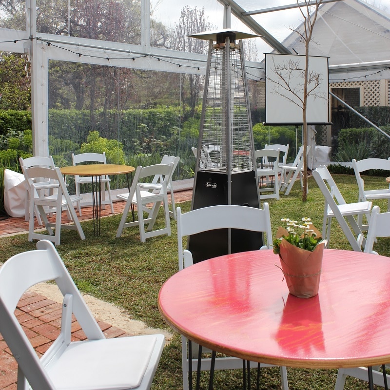 flame heater and chairs