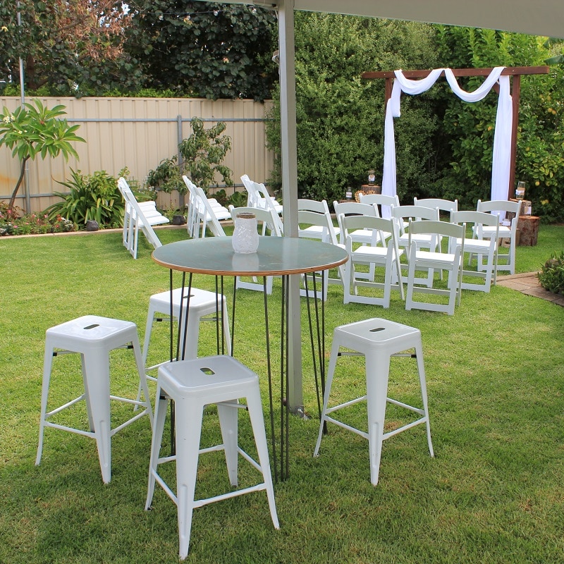 Wedding Hire Adelaide ceremony backyard tolix bar stools hairpin leg bar tables
