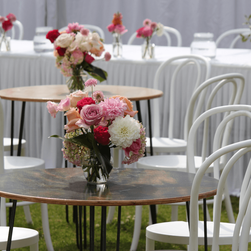 Furniture Hire Adelaide Hair pin leg bar tables white bentwood chairs