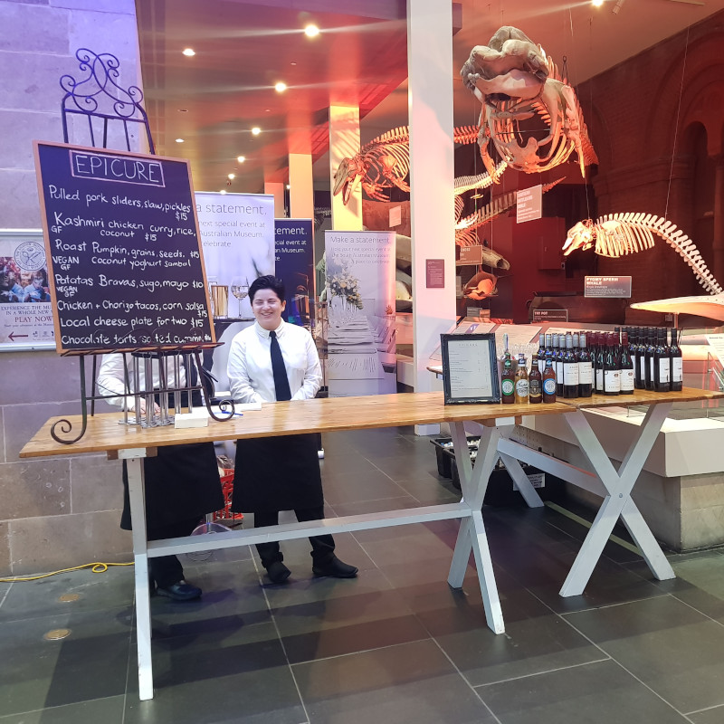 Harvest leg high bar table south Australain Museum