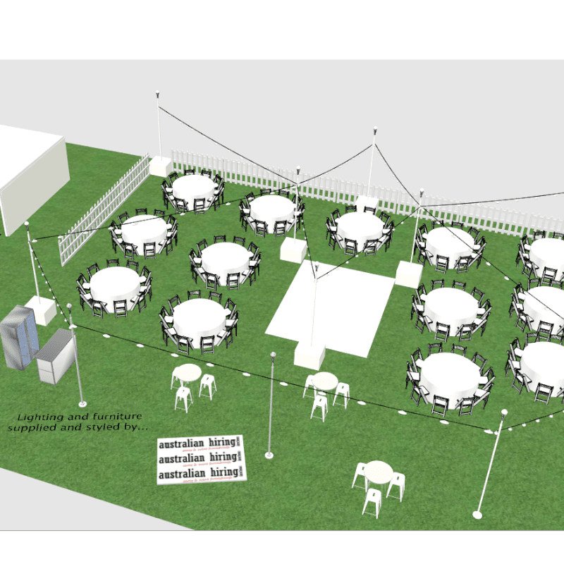 3D design of Museum SA sit down function round tables festoon lighting