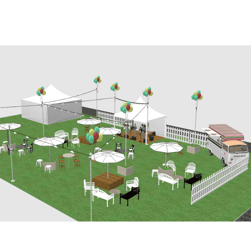 3D design of 50th birthday celebration arrow bench seats wine barrels